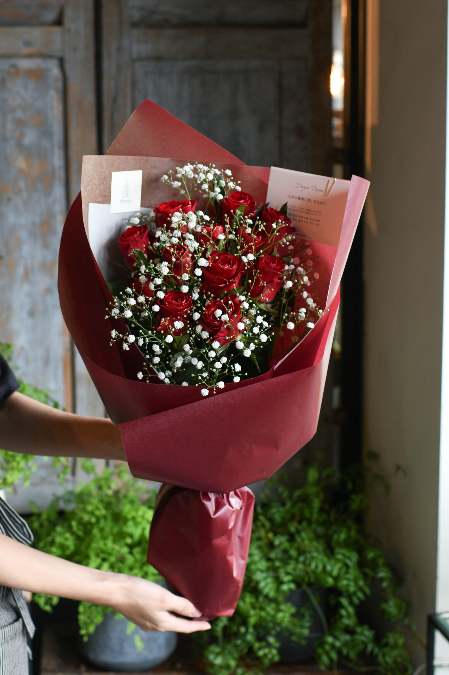赤薔薇12本とかすみ草のモダンブーケ(シンプルラッピング)