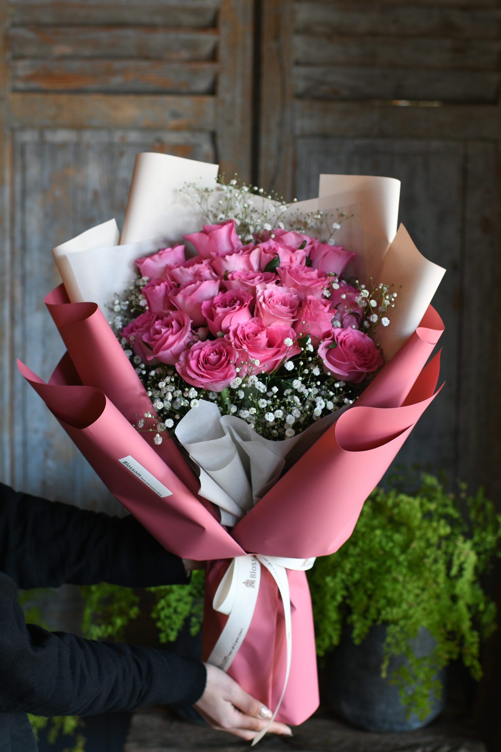 ピンク薔薇24本とかすみ草のドレスブーケ(韓国風ラッピング)