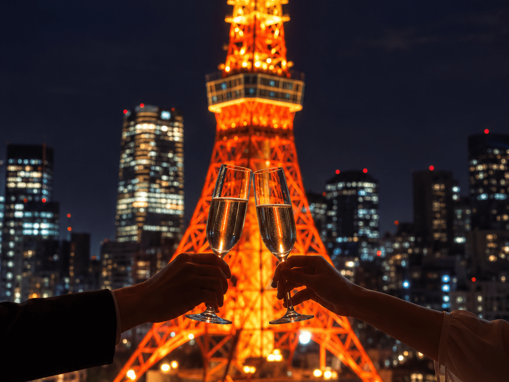 東京タワーをバックに乾杯