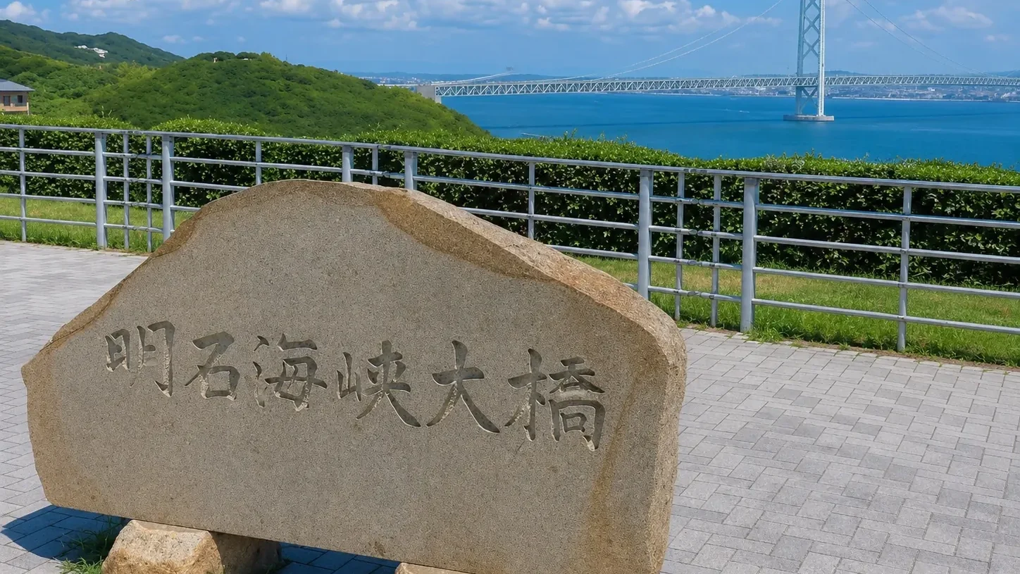 淡路島から望む明石海峡大橋と記念碑
