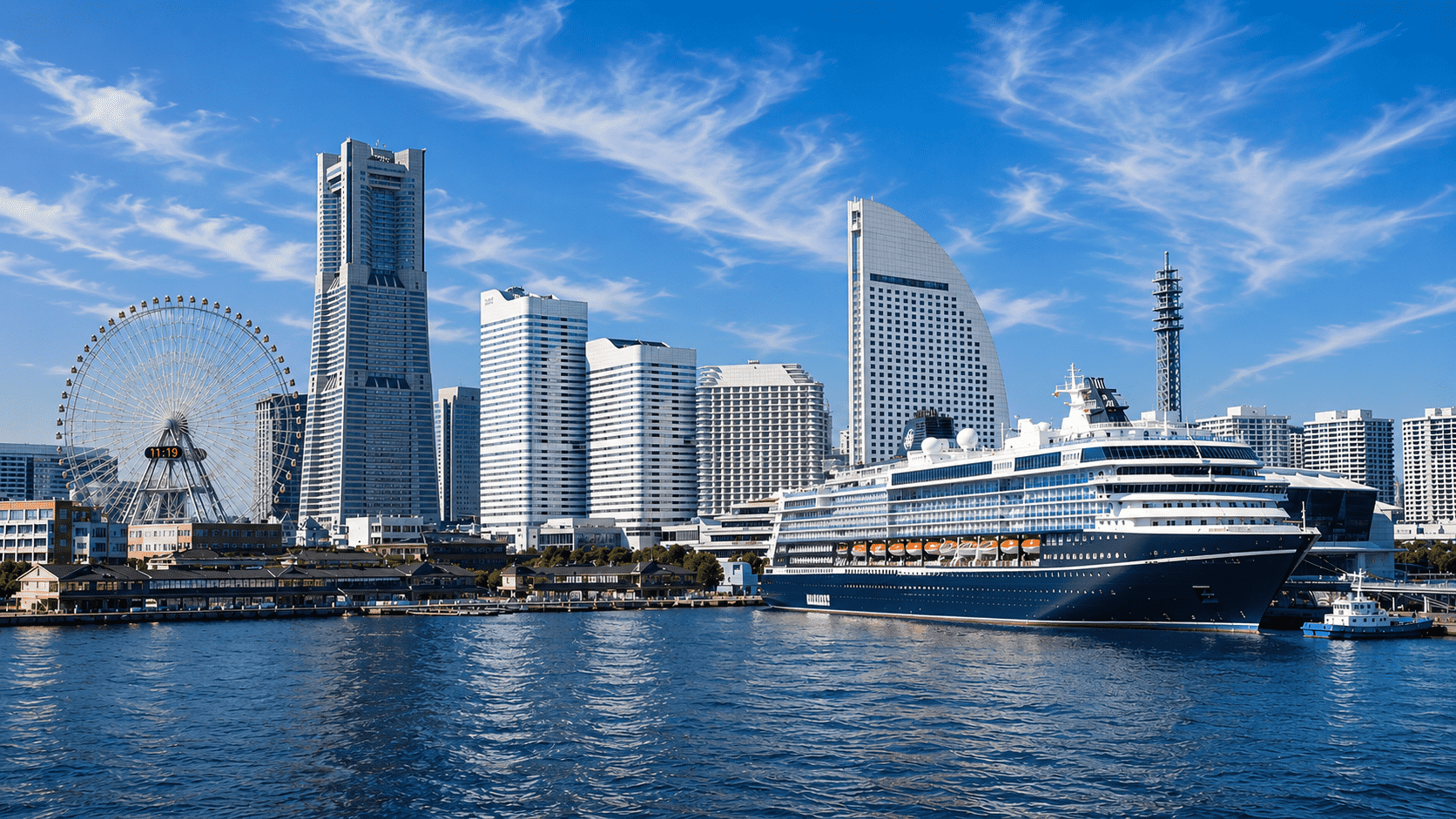 豪華客船と大観覧車コスモクロック21を望む横浜港・みなとみらいの風景