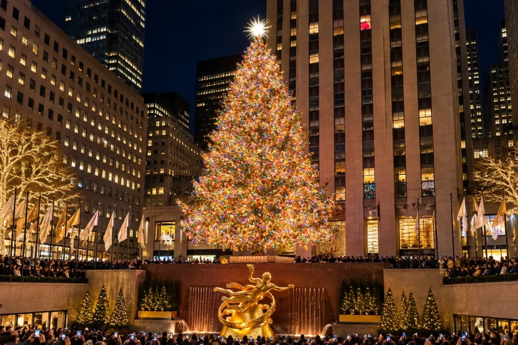 ニューヨークのロックフェラーセンターを彩る巨大なクリスマスツリー